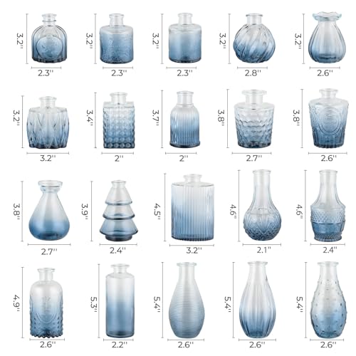 BEAHOT 32 Pack Blue Bud Vase in Bulk,Mini Vintage Glass Flower Vases for Centerpieces,Wedding Decor,Party & Home Decaration,Mother's Day (Blue-Gradient) - color: Blue