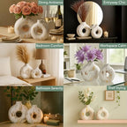 Modern Ceramic Donut Vase Set of 2 - Boho Design White and Gold Marble Pattern Vases for Flowers and Pampas - Elegant Home Decor Centerpieces for Coffee Tables - Entryways - Dining and Living Rooms