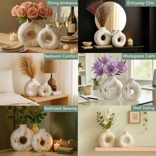 Modern Ceramic Donut Vase Set of 2 - Boho Design White and Gold Marble Pattern Vases for Flowers and Pampas - Elegant Home Decor Centerpieces for Coffee Tables - Entryways - Dining and Living Rooms