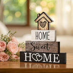 Smile 4 Pcs Farmhouse Wooden Tabletop Decor Home Tiered Tray Decoration, Rustic Retro Neutral Wood House-Shaped Block Sign, Centerpiece Suitable for Home Shelves Fireplace Mantels - style: Sweet House