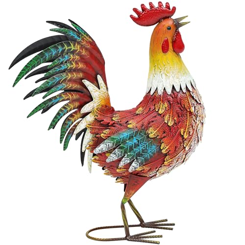 21" Metal Rooster Yard Decor, Outdoor Garden Statues, Metal Chicken Sculpture for Backyard Patio Kitchen Decor - color: 21.5"h-retro Red Rooster