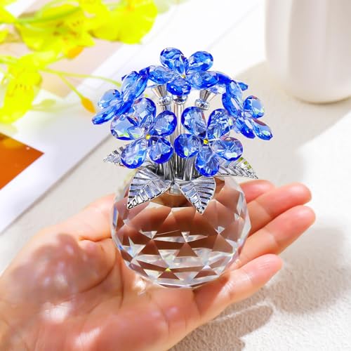 YWHL Blue Crystal Forget Me Not Flowers Gifts for Women, Handmade Glass Flower Bouquet Collectible Figurine for Tabletop Centerpieces - color: Blue