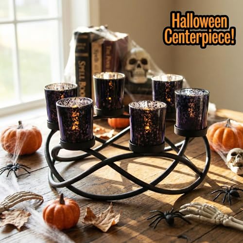 Seraphic Halloween Candle Holder Centerpiece Decoration – Black Metal Iron 6-Cup Votive Tealight Holder for Spooky Table Gothic Decor, Kitchen & Dining Room, Coffee Tables - color: Black