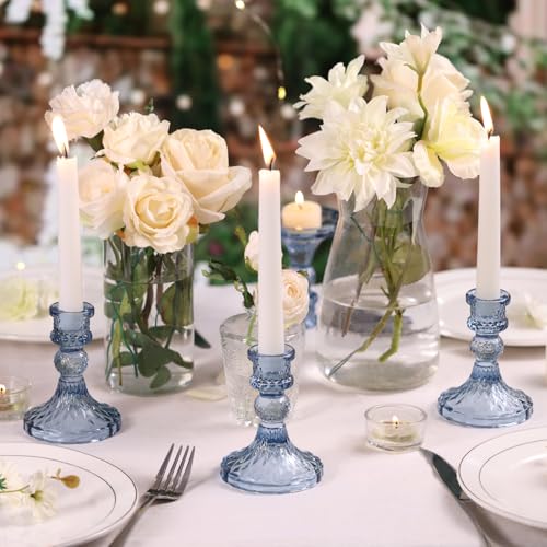 Glass Candle Holder Set of 12, Blue Taper Candle Holders Bulk, Vintage Candlestick Holders, Candle Stick Holder for Table Centerpieces, Wedding, Festival & Home Decor - color: Blue