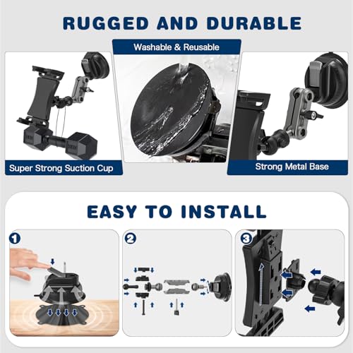 Tablet Mount for Truck, Car Tablet Holder Heavy Duty Super Suction Cup/Adhesive Base iPad Stand for Dash Windshield Wall Vehicle Desk, 360° Metal Bracket for 4.7-12.9" iPad Pro/Air/Mini/Galaxy