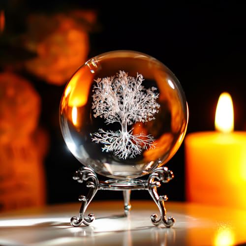 H&D Hyaline & Dora 70mm Tree of Life Clear Crystal Ball with Stand, K9 Glass Decorative Crystal Ball, 3D Laser Fengshui Home Decoration - color: 70mm Tree of Life