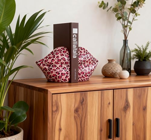 Leopard Print Lips Decorated Bookends，Set of 2 Heavy Decorative Book Stoppers，Unique Resin Decoration，Creative Desktop Decor for Study Room Hotel Office Shelves - color: Leopard Print