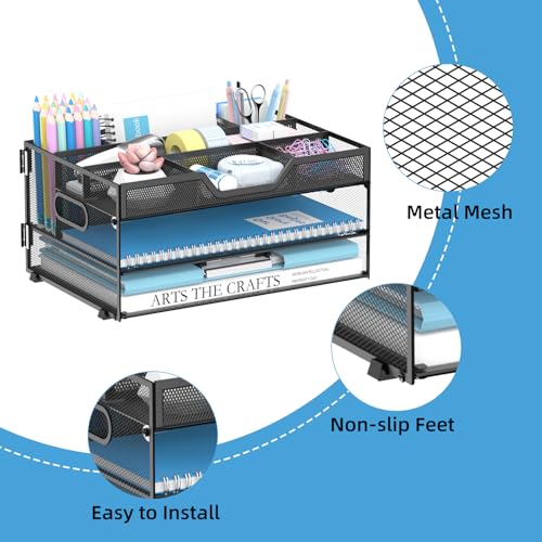 Daltack 3-Tier Desk Organizer with Handle, Mesh Paper Organizer with Pen Holders & Adjustable Compartments & A4/Letter Paper Trays for Home Office Supplies, Black - color: Black With Pen Holders