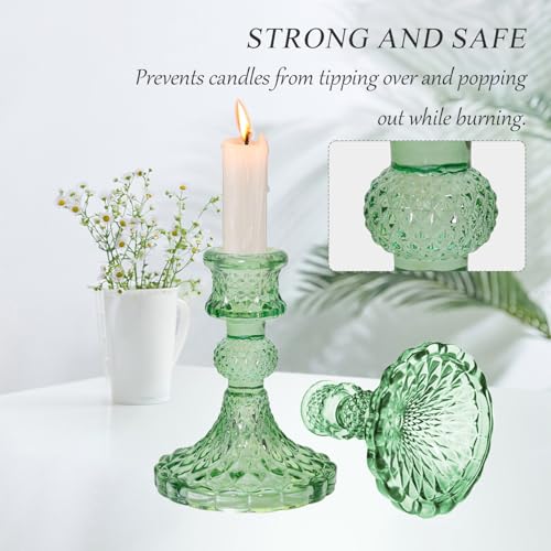Glass Candlestick Holders Set of 2，Taper Candle Holders Fit 0.8 Inch Candles, Crystal Decorative Candle Stand Centerpiece for Table Wedding Dinning Party 4 Inch Tall (Green) - color: Green