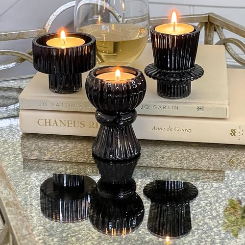 Kate Aspen Vintage Ribbed Glass Black Candlestick Holders, Pillar Candle, Tealight & Votive Candle Holders (Set of 6, 3 Assorted Sizes), Dining Table Decor, Shelf Decor, Centerpiece - color: Black