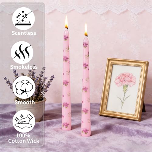 Taper Candles,10 inch 2pc Pink Tapered Candles with Peony Printed, Unscented and Smokeless Long Burning Candles,Tall Candlesticks with Cotton Wicks,Ideal for Weddings, Home Décor - style: Peony（2）