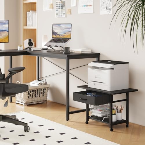 YAOHUOO 22"x15" Large Printer Stand with Storage Drawer, 2-Tier Under Desk Printer Table for Home Office, Printer Cart fit Fax Machine/3D Printer/Scanner(Black) - color: Black, size: 2-Tier