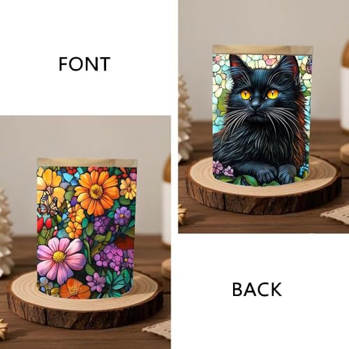 Stained Glass Black Cat Memorial Tea Light Holder Candle Jar Vintage Glass Candlesticks, Animal Votive Candle Holders Tealight with Bamboo Lid, Colorful Flowers Tea Light Holder for Lost Pet - color: Black Cat