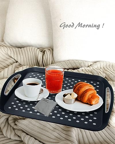 Large Nonslip Serving Tray with Handles, Silicone Grippy Dots Lap Food Trays for Eating, Dishwasher Safe Serve for Breakfast Dinner Snack Fruit Appetizers Beverage, Rectangular, Set of 2, Black - color: Black