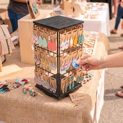 Rotating Earring Display Stands, 48 Hooks Earring Display for Vendors, Jewelry Display Earring Holder Organizer Earring Display Stands for Selling (Black) - color: Black