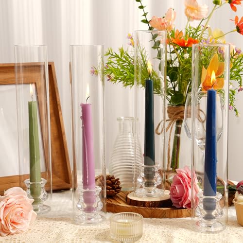 Hurricane Glass Candle Holders, Set of 4 Candlestick Holders for Taper Candle with 11.8" Tall Windproof Cylinder Covers Candle Stand Bulk for Table Centerpieces on Wedding Birthday Housewarming Decor - size: smooth