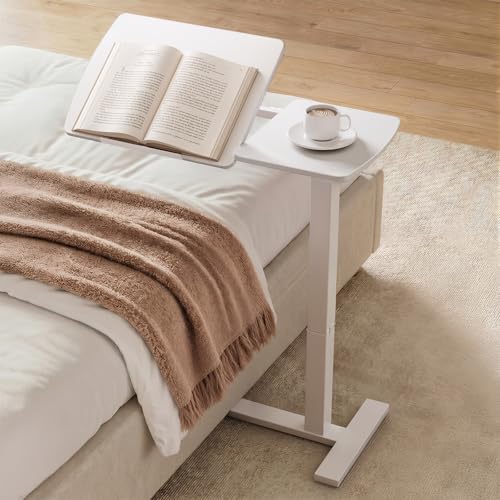 Sakugi Overbed Bedside Table with Wheels, Height Adjustable Laptop Desk, Hospital Bed Table with Tilt Top, Rolling Bed Tray for Home & Office,27.6" L x 12.9" W x 29.1"–39" H, White - color: White