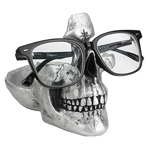 Mrlikale Skull Glasses Stand, Creative Eyeglasses Display Rack, Sunglasses Spectacle Holder, Key Holder Resin Sculptures for Entryway, Home, Office, Desk, Nightstand (Silver) - color: Silver