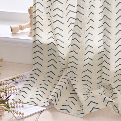 jinchan Boho Linen Blend Kitchen Curtains 24 Inch Length Herringbone Printed Tier Curtains for Small Windows Bathroom Cafe Laundry Room Set of 2 Rod Pocket Black on Linen - color: Arrow | Black on Linen, size: 26"W x 24"L (Pack of 2)