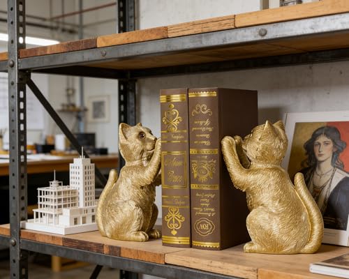 Gold Cat Bookends for Shelves, Heavy Duty Bookends, Decorative Bookends for Kids Books, Non-Skid Design, Gold Cat Statue Enthusiasts Gifts - color: Gold