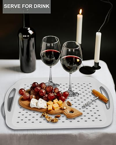 Large Nonslip Serving Tray with Handles, Silicone Grippy Dots Lap Food Trays for Eating, Dishwasher Safe Serve for Breakfast Dinner Snack Fruit Appetizers Beverage, Rectangular, Set of 2, White - color: White