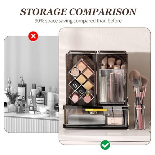 INVSSENE Stackable Makeup Organizer Countertop, Storage Perfume Skincare Cosmetic Lipstick Face Mask Makeup Brush Palettes, Ideal for Vanity Bathroom Counter - color: 3515 Coffee+Clear