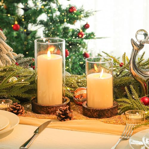 Ronasip Set of 2 Hurricane Candle Holders with Wood Base & Glass Cylinder (4.2x5.9” & 4.6x7.8”) – Rustic Wooden Candle Holders for Home Decor, Weddings, Table Centerpieces (2, Brown) - color: Brown