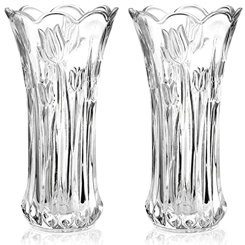 Dicunoy Set of 2 Glass Flower Vase, 9.5" Large Flower Vases for Centerpieces, Modern Clear Heavy Duty Crystal Tall Cylinder Flared Vase for Rose Bouquet, Home, Wedding, Living Room, Office