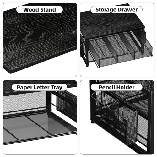 Marbrasse Wood Printer Stand for Desk, 2-Tier Desktop Printer Table for Home Office, Printer Stand with Storage Drawer 2 Pen Holders, Multi-Purpose Desk Organizer for Fax Machine Scanner (Wood Black) - color: Wood Black
