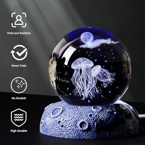Jellyfish 3D Crystal Ball Decor Figurine, 2.4inch Oceans Glass Ball Gifts for Women, Home Decorative Sculpture Display Keepsakes for Marine Organism Lover - color: Jellyfish