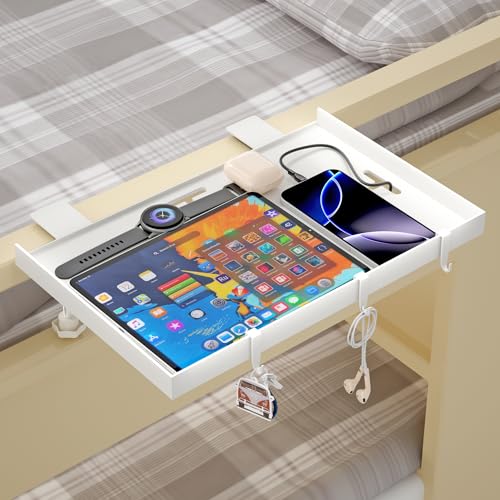 Foldable Bedside Shelf, Metal Clip-On Bed Tray Table for Bunk Bed & Dorm Beds, Dorm Room Essentials Organizer for College Students, Floating Tray, Space Saving Nightstand for Loft Beds (White, Large) - color: White, size: Large