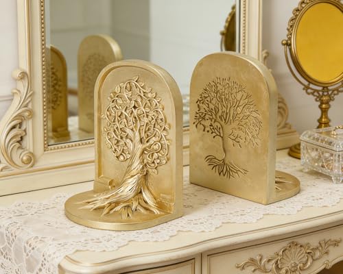 Tree of Life 3D Bookends with Intricate Details, Solid Resin Construction Non-Slip Design, Regal Gold Decor for Home Library, Office - color: Regal Gold