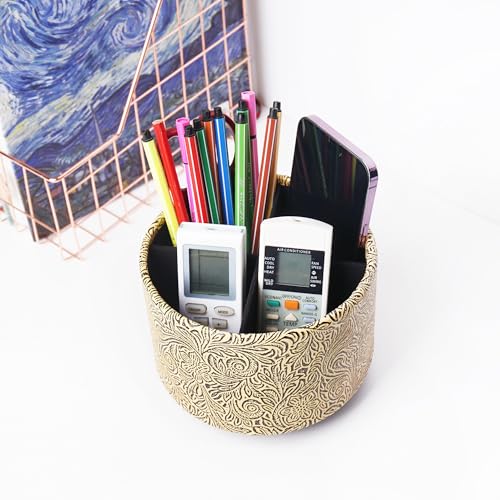 lizimandu Round Leather Art Supply Organizer,Remote Control Holder,360 Degree Spinning,Multi-Functional Pencil Holder,4 Compartments Desktop Stationary Organizer(1-Yellow Black) - color: 1-Yellow Black