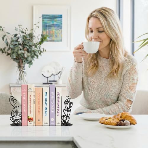ENCIMART Metal Bookends Creative Coffee Bookends Decorative Cute Kitchen Book Ends for Shelves Bookshelf Home Office Desk Reading Decor Bookshelf Decor for Book Lovers Gift - color: Black Coffee