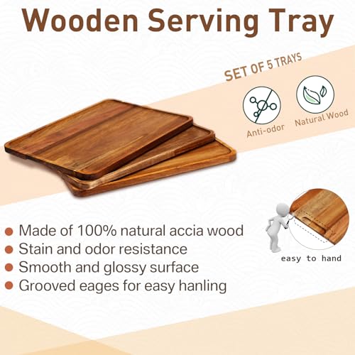 Roowest 5 Pack Solid Acacia Wood Serving Trays for Laser Engraving Rectangular Wooden Board for Food Appetizer Serving Tray Plates for Vegetables Fruit Cheese Housewarming Gifts(13 x 9 Inch) - size: 13 x 9 Inch
