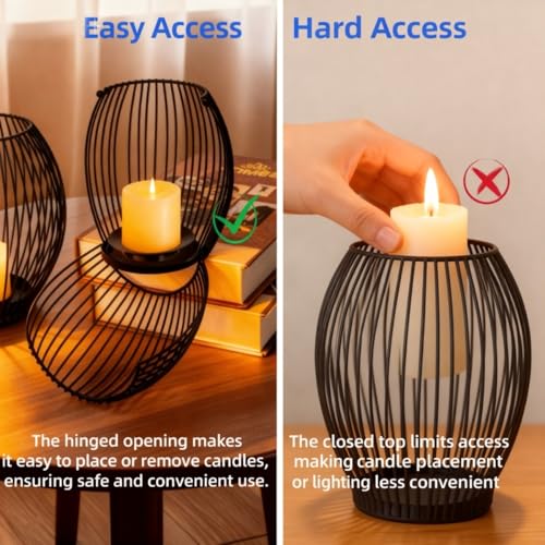 3-Piece Black Candle Holder Set – Modern Metal Wire Black Candlestick Holders for Pillar Candles, Decorative Round Cage Candle Lanterns for Table, Shelf, or Home Décor