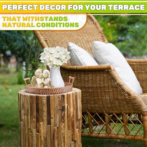 Rattan Tray 8.7-Inch Round – Woven Serving Basket with Handles – Holidays Romantic Decorative Tray for Coffee Table, Bread, Fruit, Vegetables, Restaurant & Home Use Charming Styling Coffee Table Decor