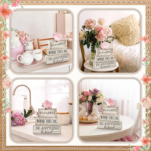Yuntau 4 Pcs Farmhouse Flower Wooden Table Decor Farmhouse Tiered Tray Decor Rustic Faux Decorative in a World Where You Can Be Anything Be Kind Block Sign Inspired Centerpiece for Home Shelf - style: Flower