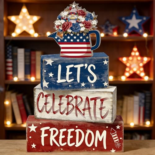 4th of July Table Decorations Patriotic Memorial Day Tiered Tray Decor Wooden Freedom Block Signs Independence Farmhouse 250th July Fouth Centerpiece for Tables Wooden Sign for Home Decor - style: Freedom