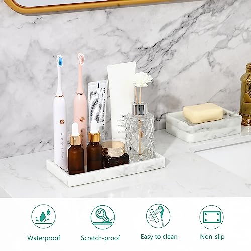 Emibele Bathroom Vanity Tray, Small 8" Rectangular Resin Kitchen Soap Dresser Jewelry Dish Tray Bathroom Countertop Organizer Tray for Cosmetic Perfume Candle, Mini, Ink White - color: Ink White, size: 7.7" x 3.9" x 0.8"