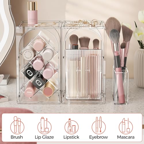 INVSSENE Stackable Makeup Organizer Countertop, Storage Perfume Skincare Cosmetic Lipstick Face Mask Makeup Brush Palettes, Ideal for Vanity Bathroom Counter - color: 3513 Clear