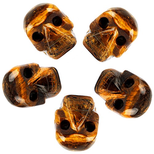 mookaitedecor 1 Inch Tiger's Eye Crystal Skull Sculpture Set of 5, Hand Carved Gemstone Statue Figurine Collectible Healing Reiki - color: Brown