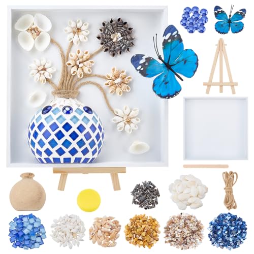 WEBEEDY DIY Vase Mosaic Shell Painting Kit DIY Vase Flower Mosaic Arts Crafts with Vases, Wood Frame, Mosaics Tiles, Shells, Butterfly and Accessories, Room Decor Handmade Gift for Christmas