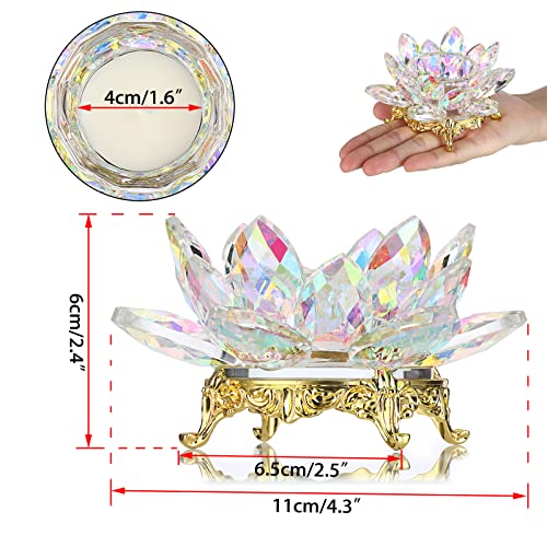 OwnMy Crystal Lotus Flower Tea Light Holder Votive Candle Stand with Gold Metal Base, AB Color Glass Lotus Tealight Candlestick Holder Candle Lamp for Table Centerpiece Wedding Decor