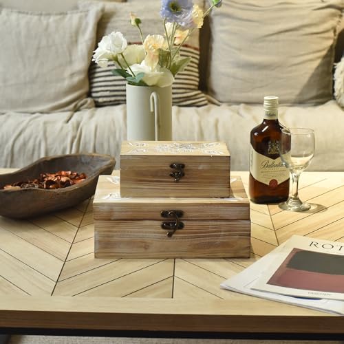 DECOR4SEASON Mandala Carved Wooden Box Set of 2, Rustic Decorative Storage Boxes with Metal Latch, Handcrafted Mandala Flower Design Keepsake Boxes for Jewelry, Photos, Home Decor, Coffee Table - color: Distressed Off-White, size: S&M