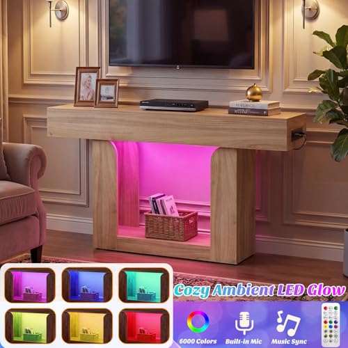 Homieasy Console Table, 47" Entryway Table with LED Lights & Charging Station, Farmhouse Wooden Sofa Table Behind Couch, Narrow Hallway Table for Living Room, Foyer, Entry, Natural Oak - color: Natural Oak, size: 47.2"