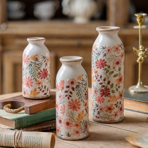 Vintage Vase Set of 3, Ceramic Vintage Flower Vases, Chinoiserie Decorative Home Decor Retro Floral Vase Rustic Farmhouse Decor for Table Bookshelf Mantel Kitchen Living Room Office - Colorful Daisy - color: Colorful Daisy, size: set of 3