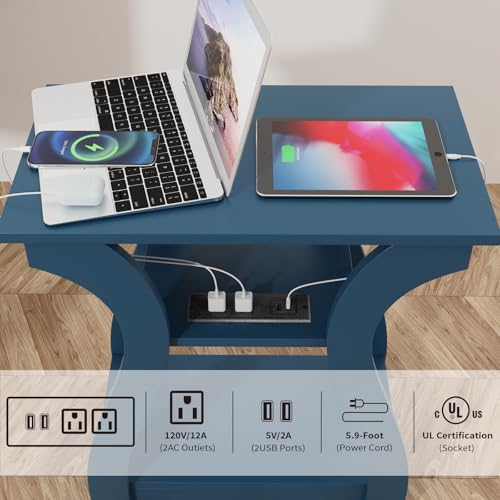 FROMJBEST End Tables Living Room, End Table end Table with Charging Station and USB,Navy Blue Side Table, Nightstand for Bedroom,3 Tier End Table with Storage Shelf for Living Room - color: Navy Blue