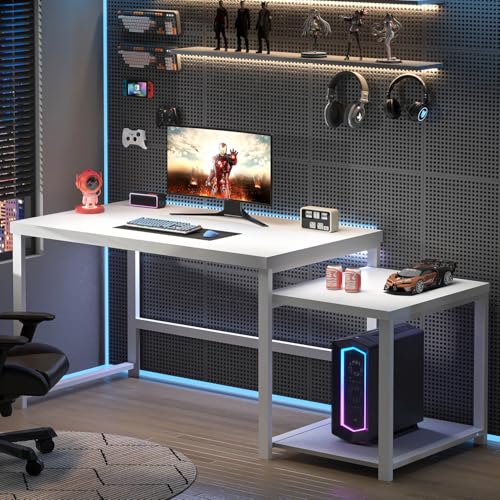 FOLUBAN Large White Computer Desk, Home Office Desk with Printer Space & PC Tower Stand, Modern Study Writing Table Workstation for Living Room Bedroom, 63 Inch - color: White