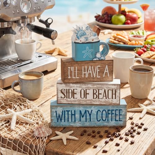 Lineshading 4 Pcs Summer Table Decorations Beach Coffee Bar Wooden Block Sign Blue Rustic Coastal Tiered Tray Decor with Coffee Cup Summer Centerpieces Decor for Beach Nautical Party Office Home - style: Beach